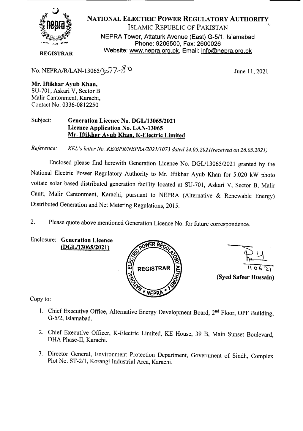 NATIONAL ELECTRW POWER REGULATORY AUTHORITY ISLAMIC REPUBLIC of PAKISTAN REGISTRAR No. Mr. Iftikhar Ayub Khan, SU-701, Askari V