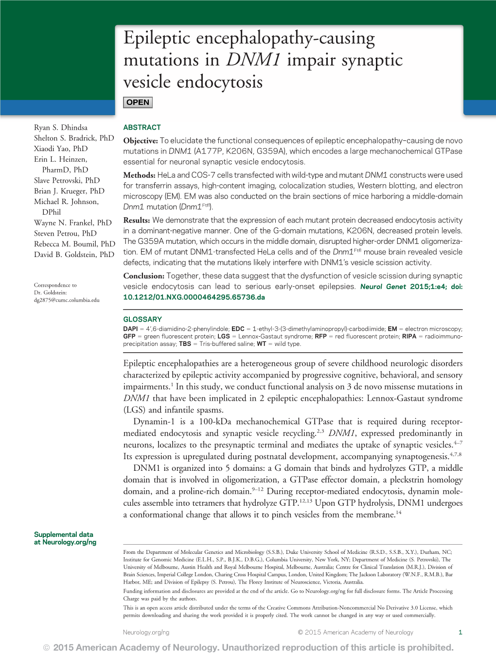 Epileptic Encephalopathy-Causing Mutations in DNM1 Impair Synaptic Vesicle Endocytosis