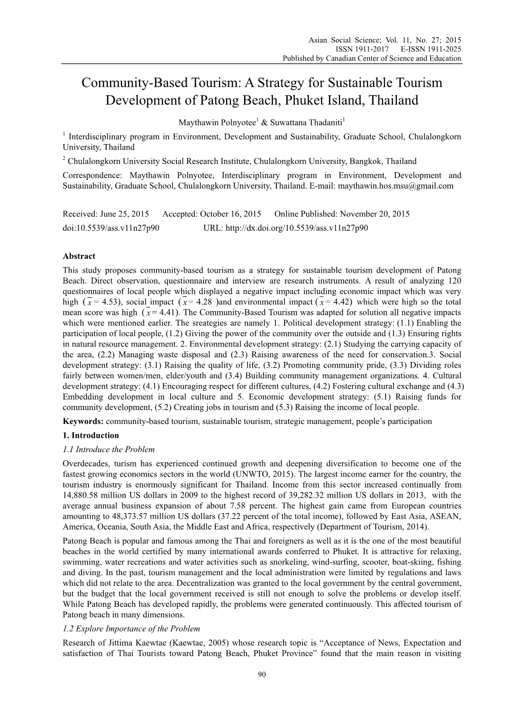 Community-Based Tourism: a Strategy for Sustainable Tourism Development of Patong Beach, Phuket Island, Thailand