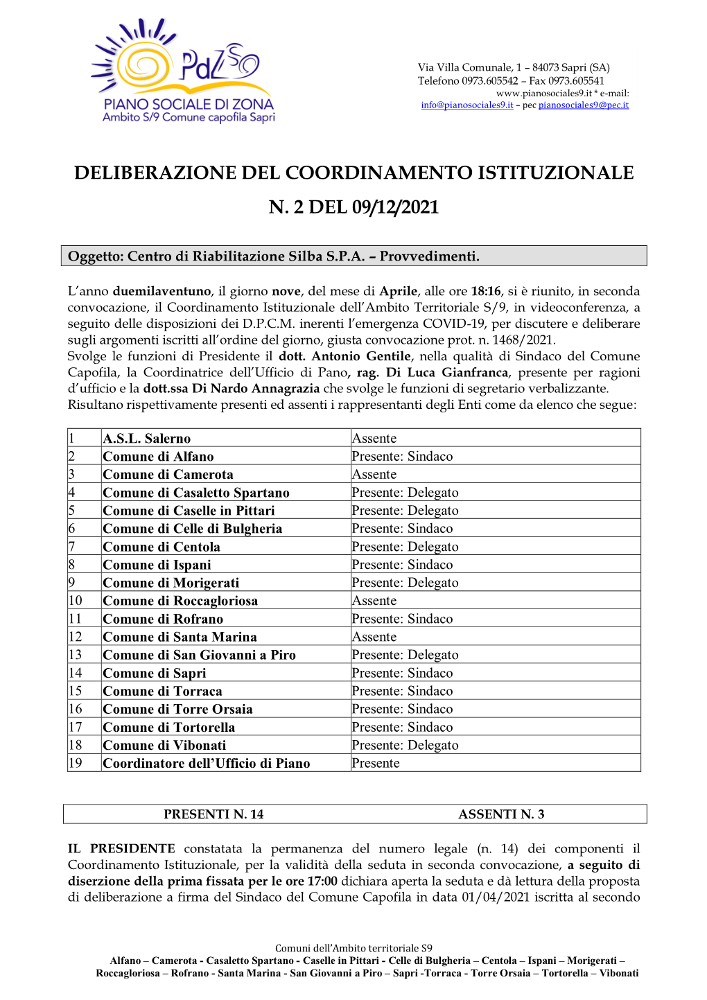 Delibera Del Coordinamento Istituzionale