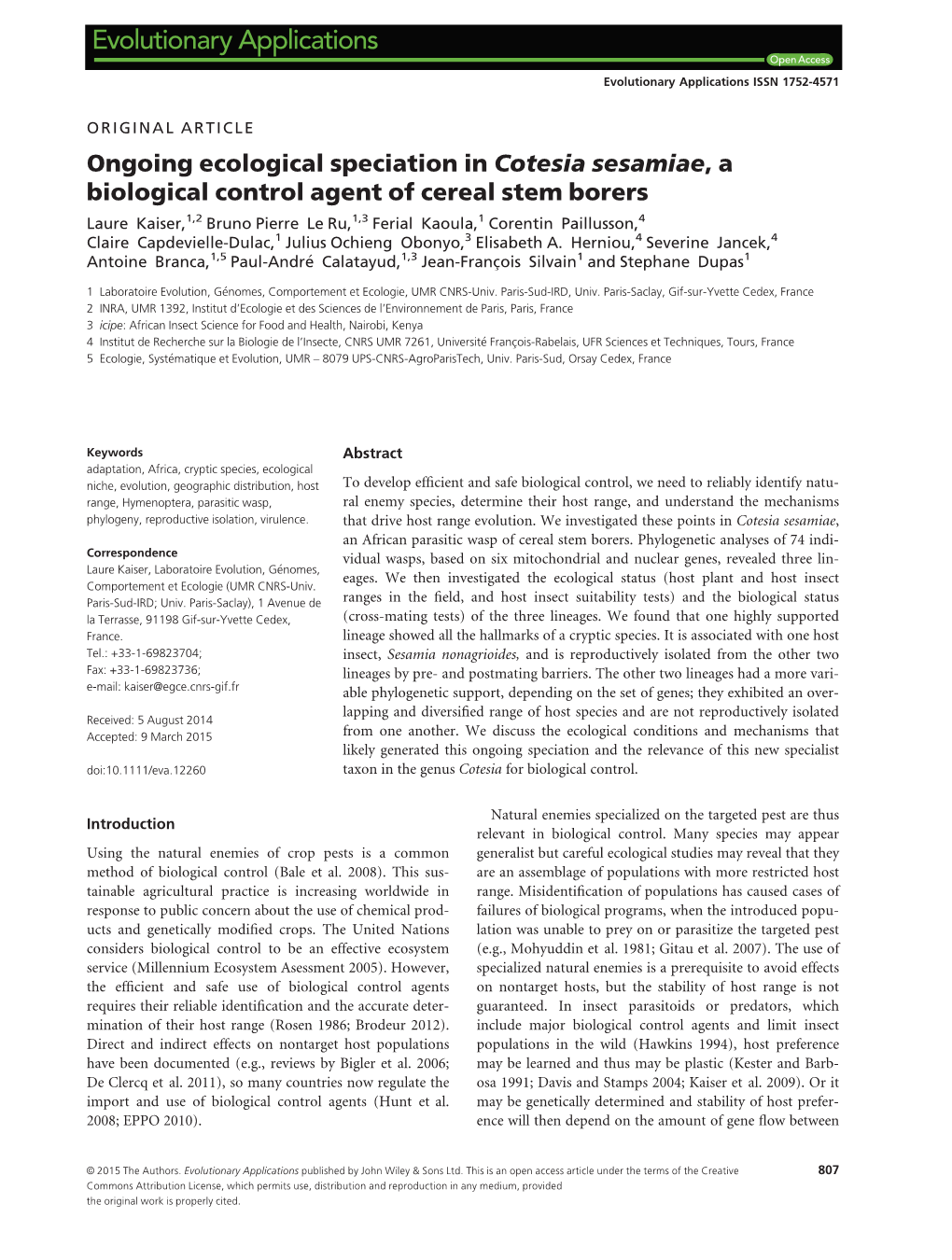 Ongoing Ecological Speciation in Cotesia Sesamiae, a Biological Control Agent of Cereal Stem Borers