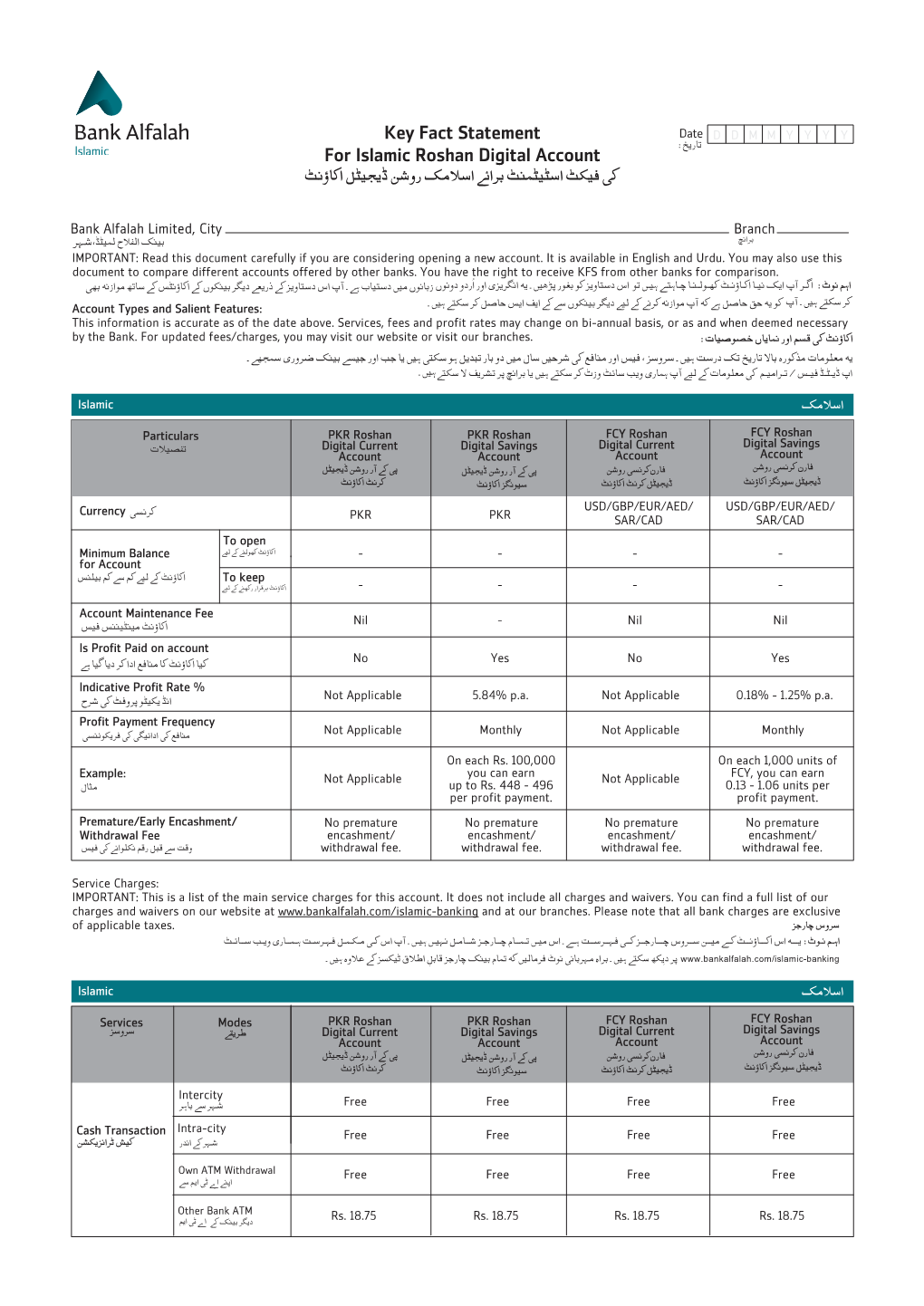 Key Fact Statement for Islamic Roshan Digital Account