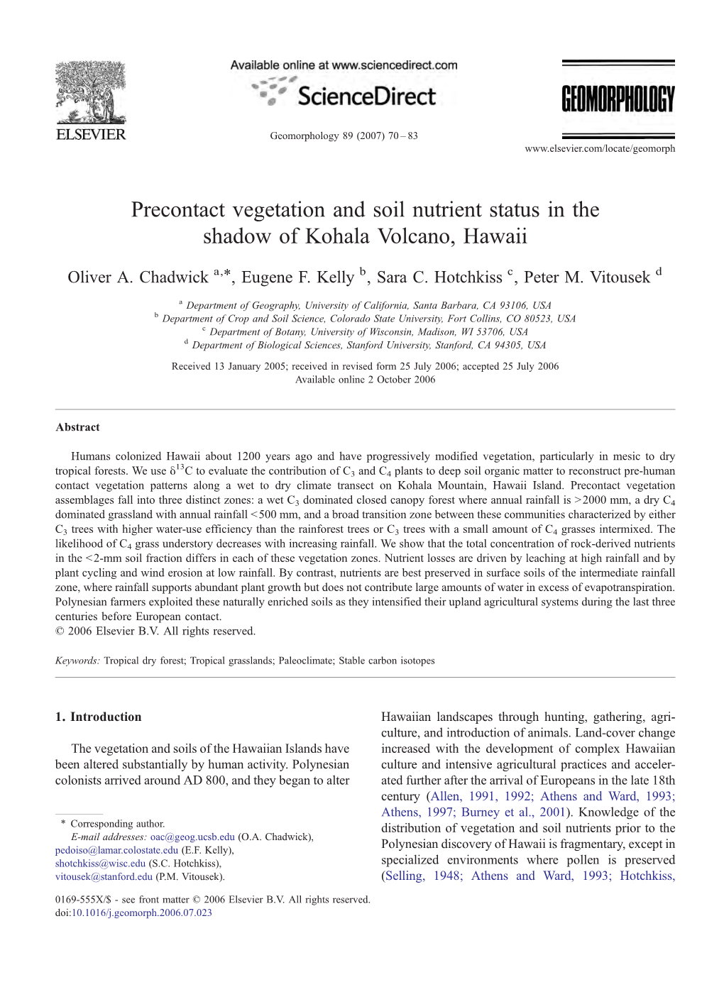 Precontact Vegetation and Soil Nutrient Status in the Shadow of Kohala Volcano, Hawaii ⁎ Oliver A