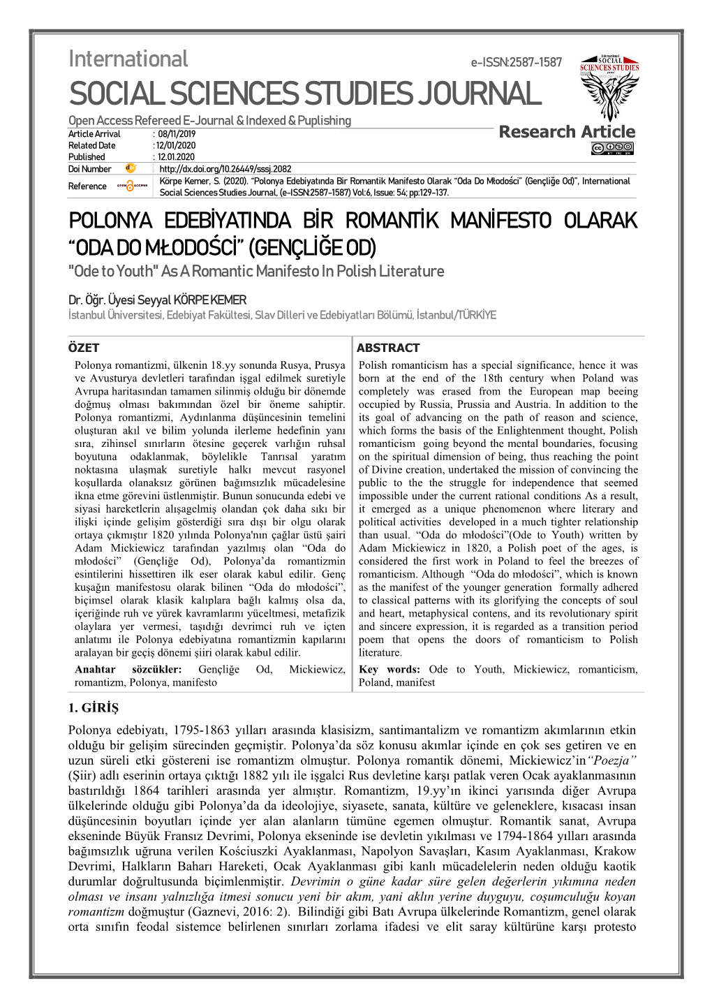 Oda Do Młodości” (Gençliğe Od)”, International Reference Social Sciences Studies Journal, (E-ISSN:2587-1587) Vol:6, Issue: 54; Pp:129-137