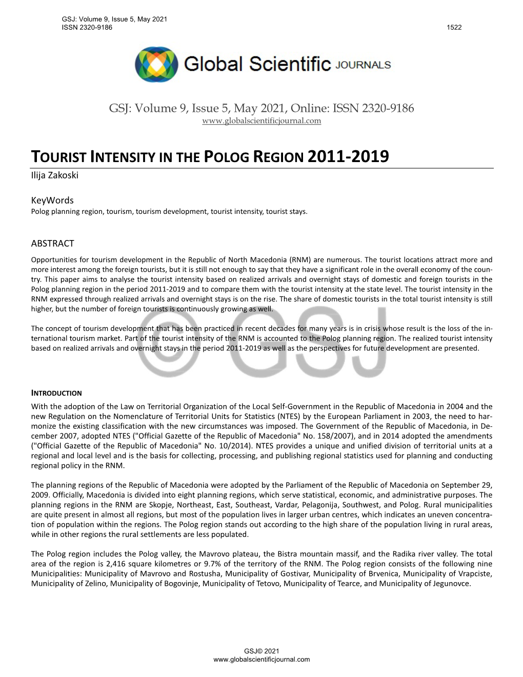 TOURIST INTENSITY in the POLOG REGION 2011-2019 Ilija Zakoski