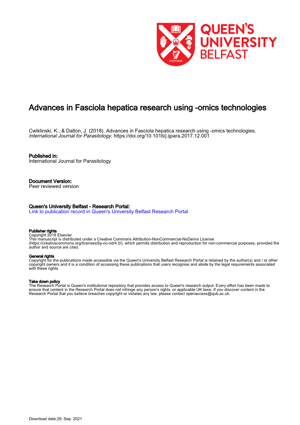 Advances in Fasciola Hepatica Research Using -Omics Technologies