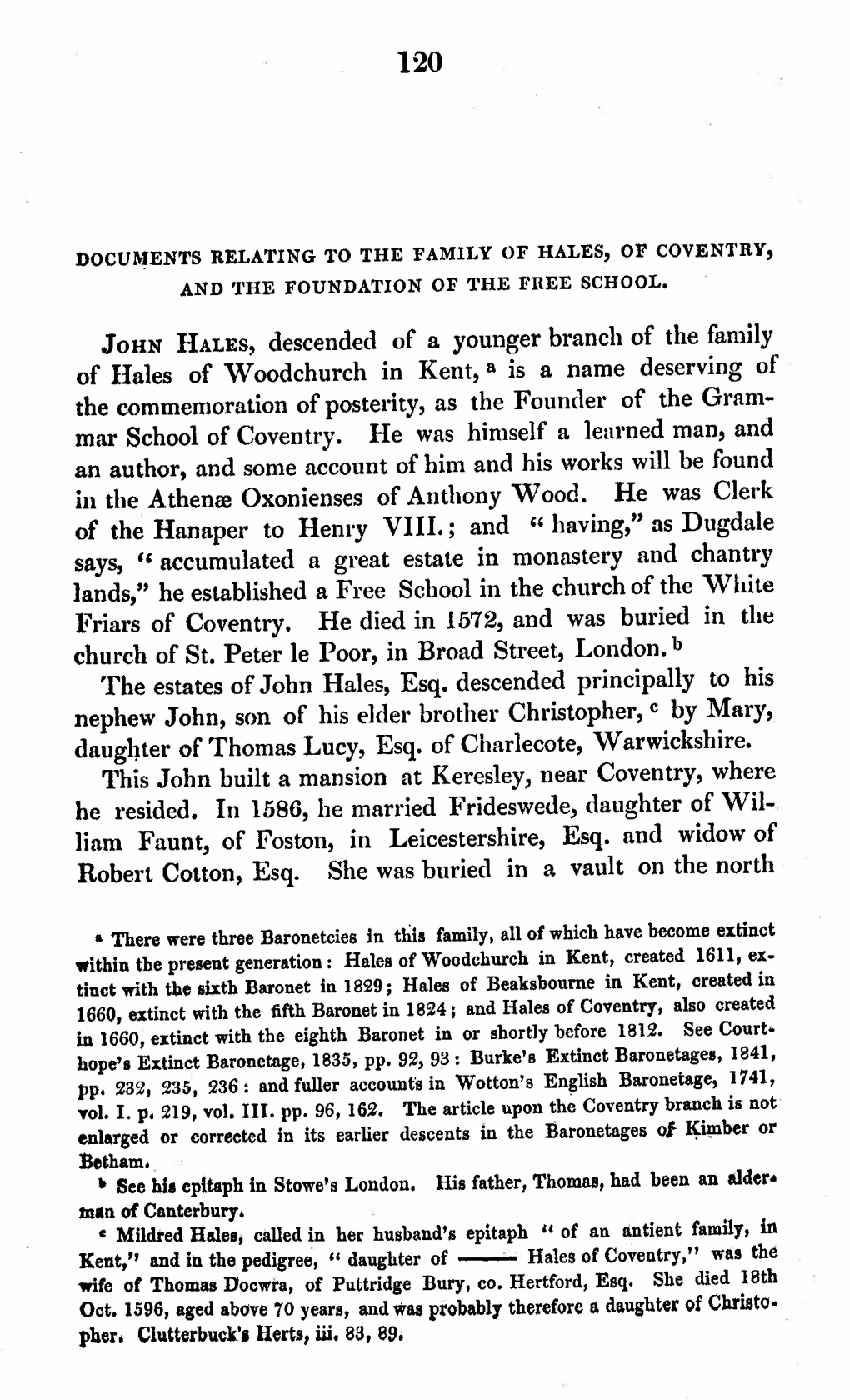 John HALES, Descended of a Younger Branch of the Family Of