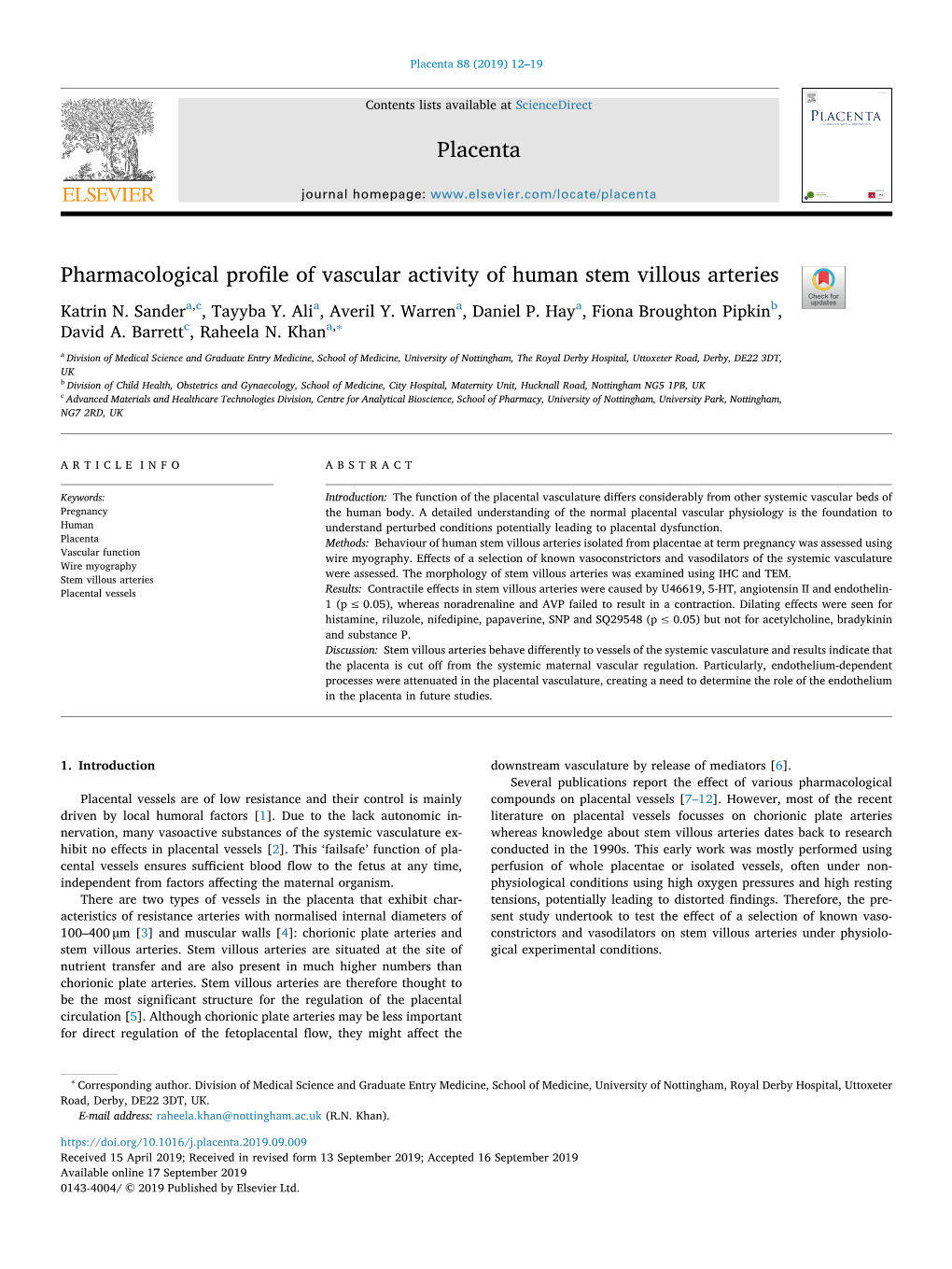 Pharmacological Profile of Vascular Activity of Human Stem Villous Arteries