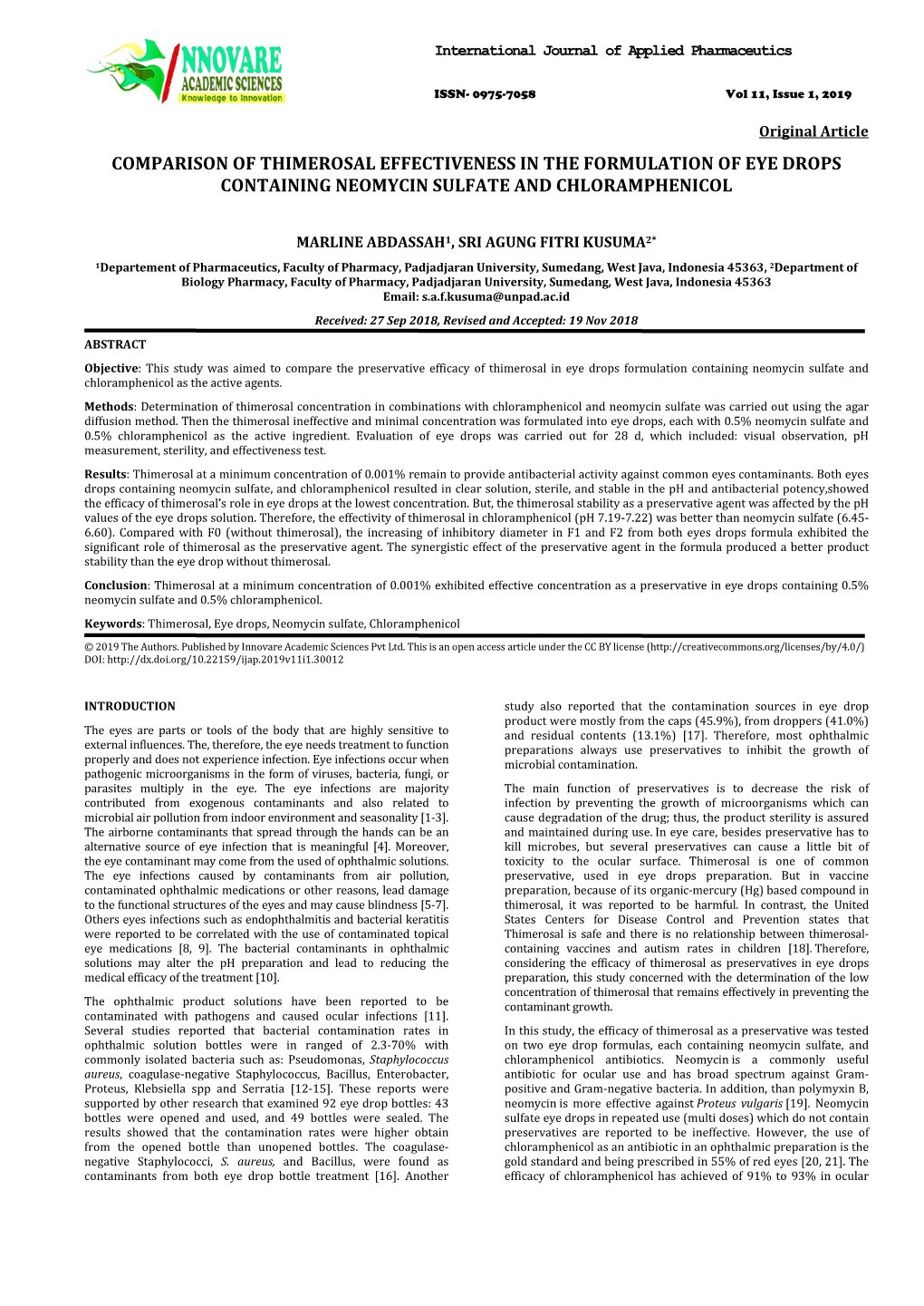 Comparison of Thimerosal Effectiveness in the Formulation of Eye Drops Containing Neomycin Sulfate and Chloramphenicol