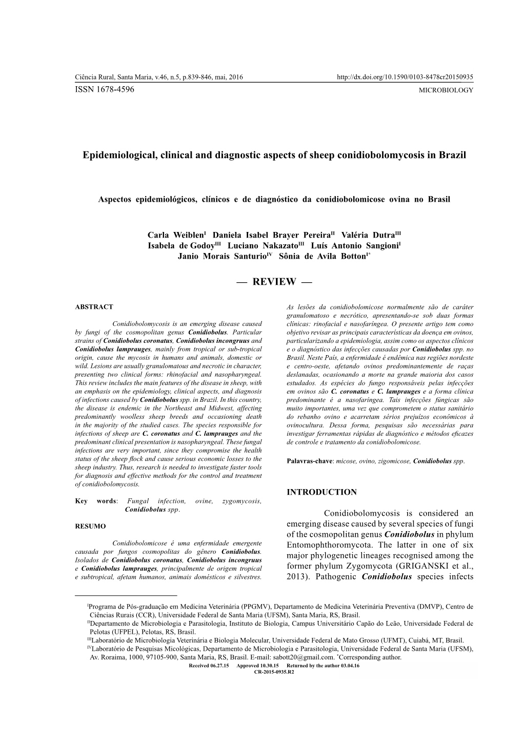 Epidemiological, Clinical and Diagnostic Aspects of Sheep Conidiobolomycosis in Brazil