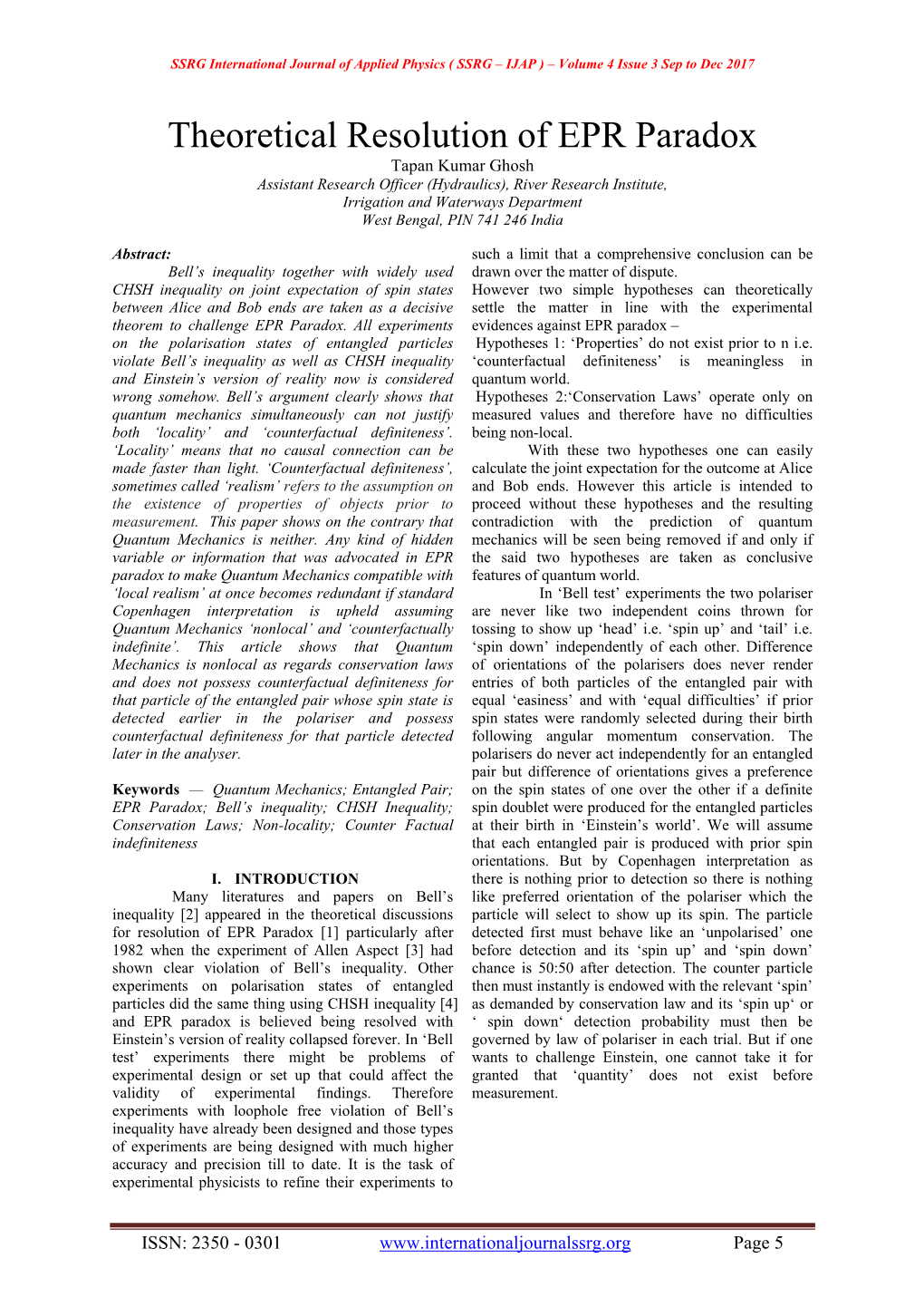 Theoretical Resolution of EPR Paradox