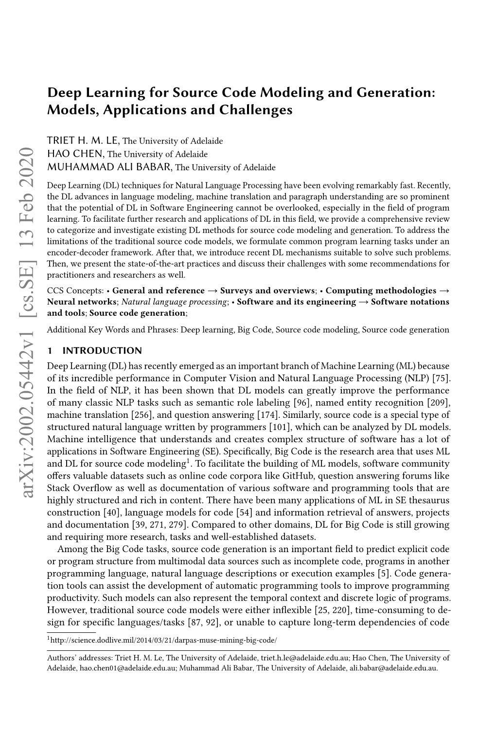 Deep Learning for Source Code Modeling and Generation: Models, Applications and Challenges