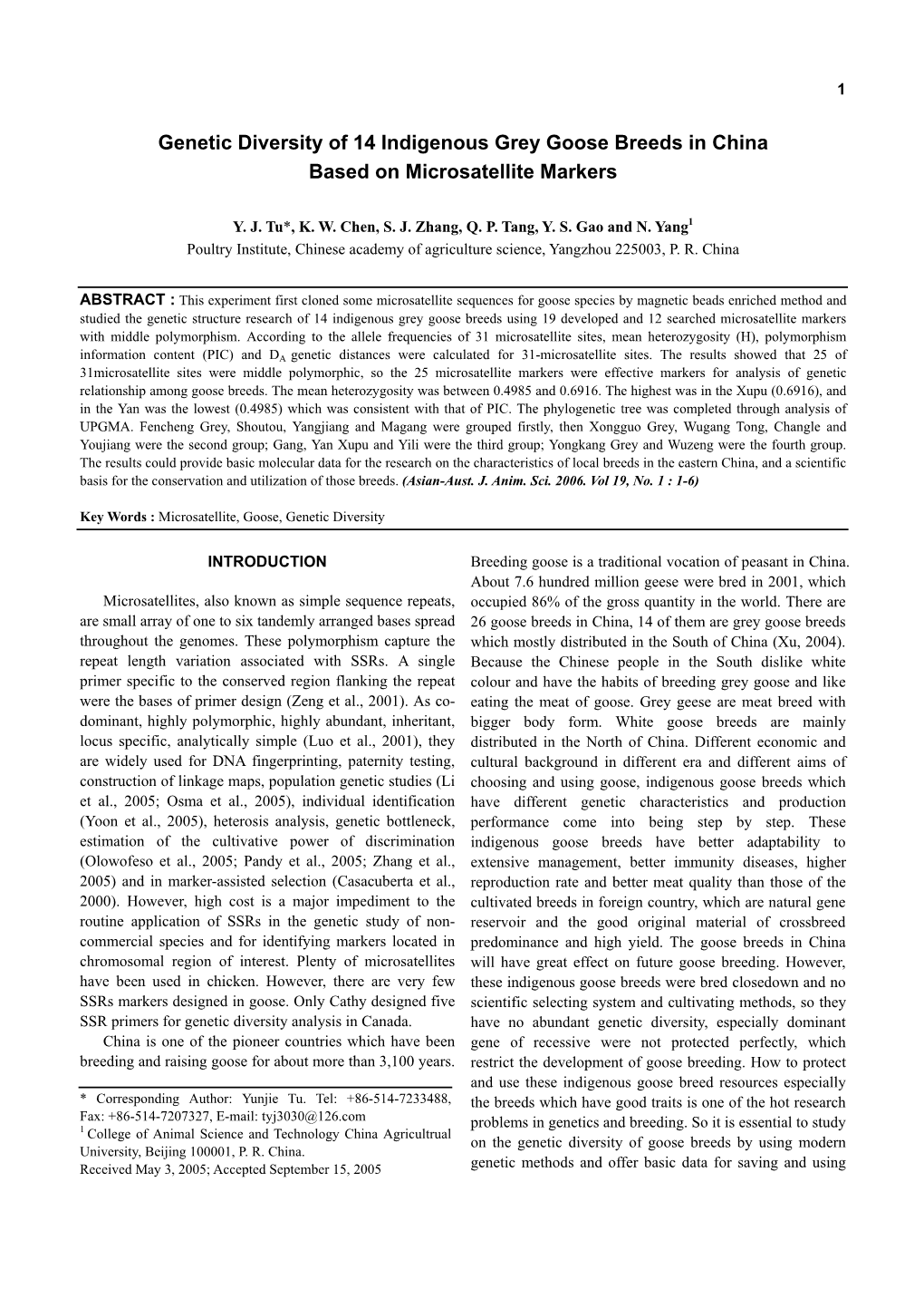 Genetic Diversity of 14 Indigenous Grey Goose Breeds in China Based on Microsatellite Markers