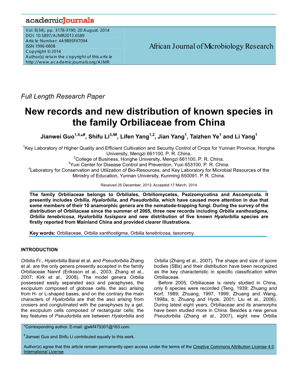 New Records and New Distribution of Known Species in the Family Orbiliaceae from China