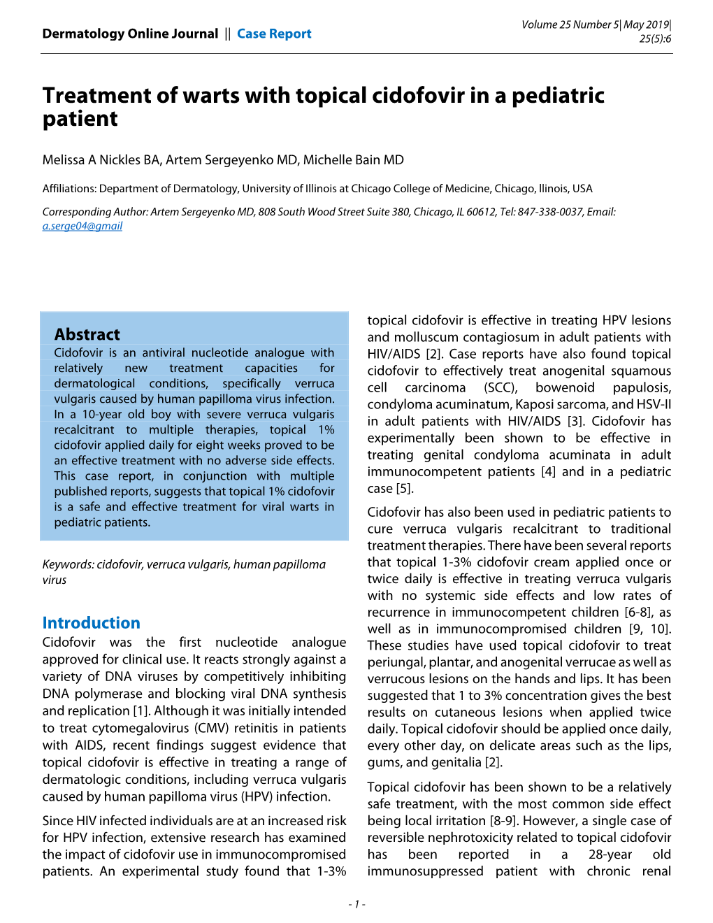 Treatment of Warts with Topical Cidofovir in a Pediatric Patient