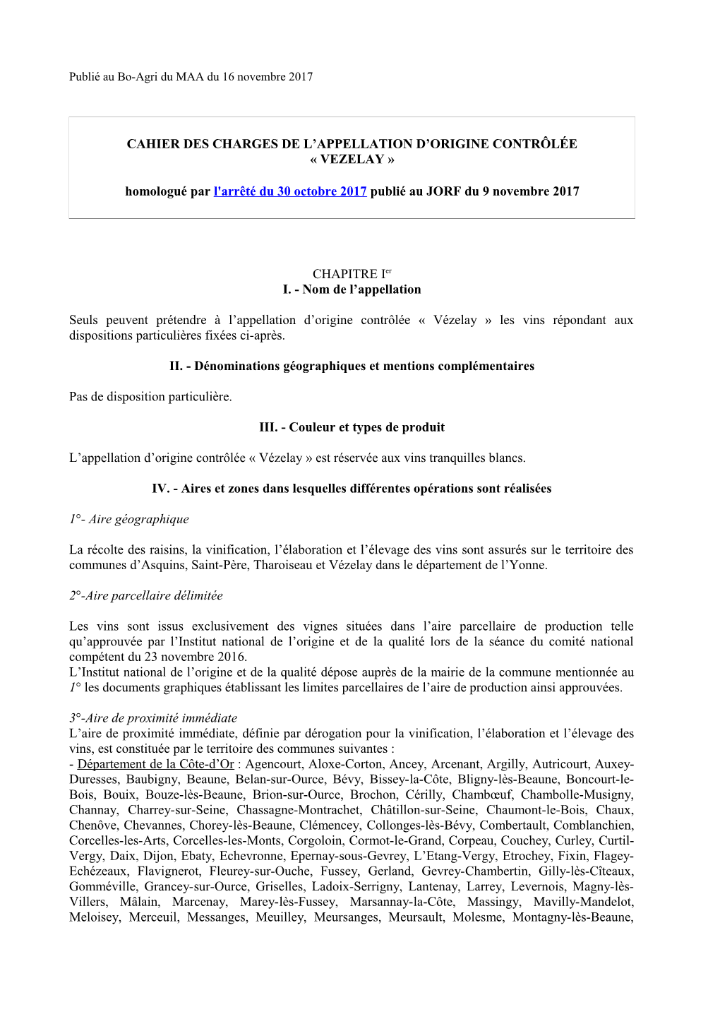 Cahier Des Charges De L'appellation D'origine Contrôlée Vézelay