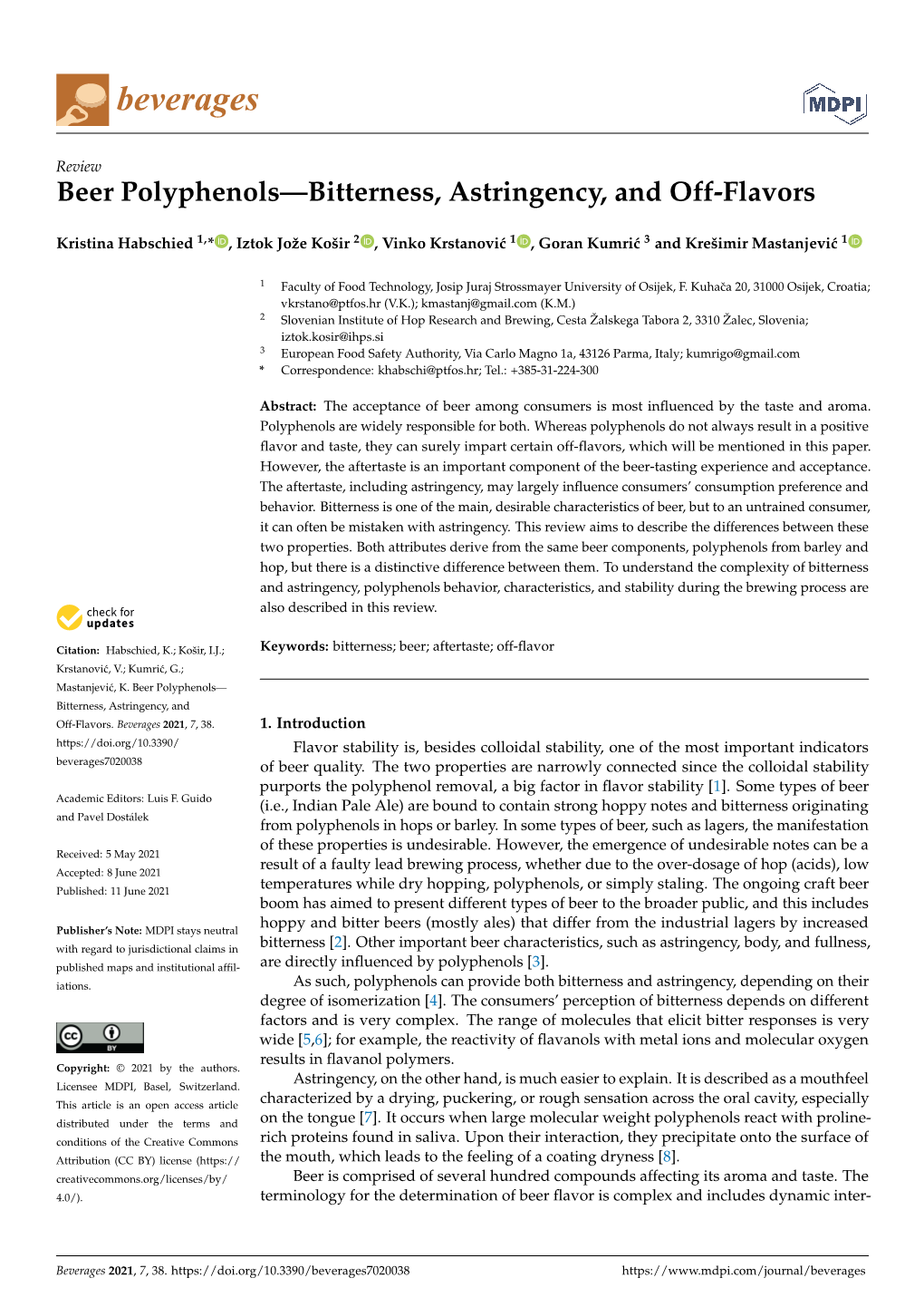 Beer Polyphenols—Bitterness, Astringency, and Off-Flavors