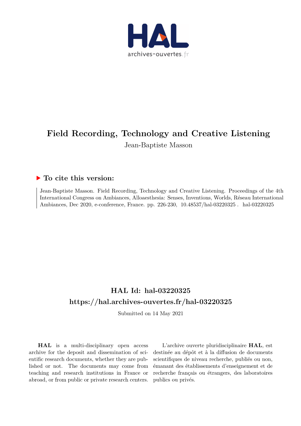 Field Recording, Technology and Creative Listening Jean-Baptiste Masson