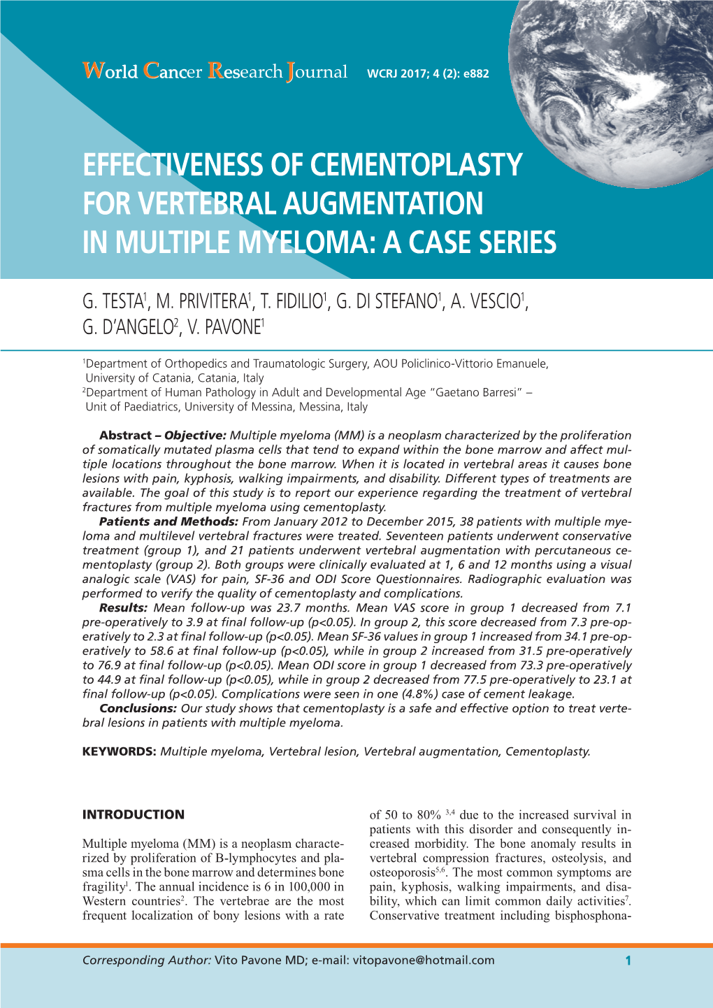 Effectiveness of Cementoplasty for Vertebral Augmentation in Multiple Myeloma: a Case Series