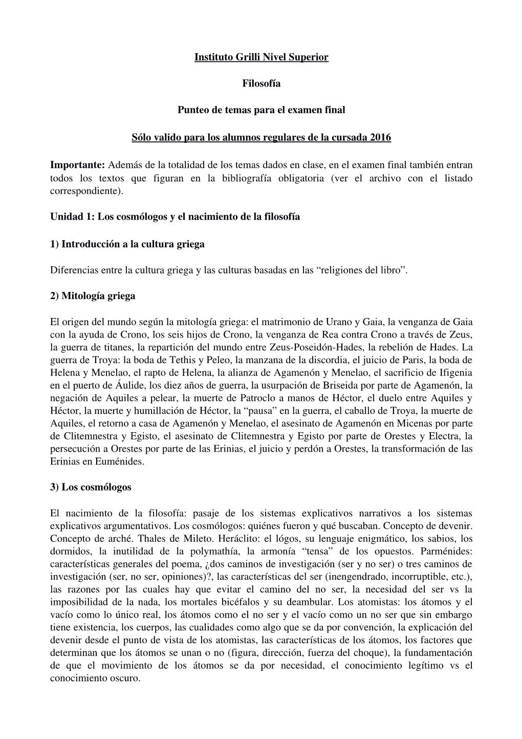 Instituto Grilli Nivel Superior Filosofía Punteo De Temas Para El Examen