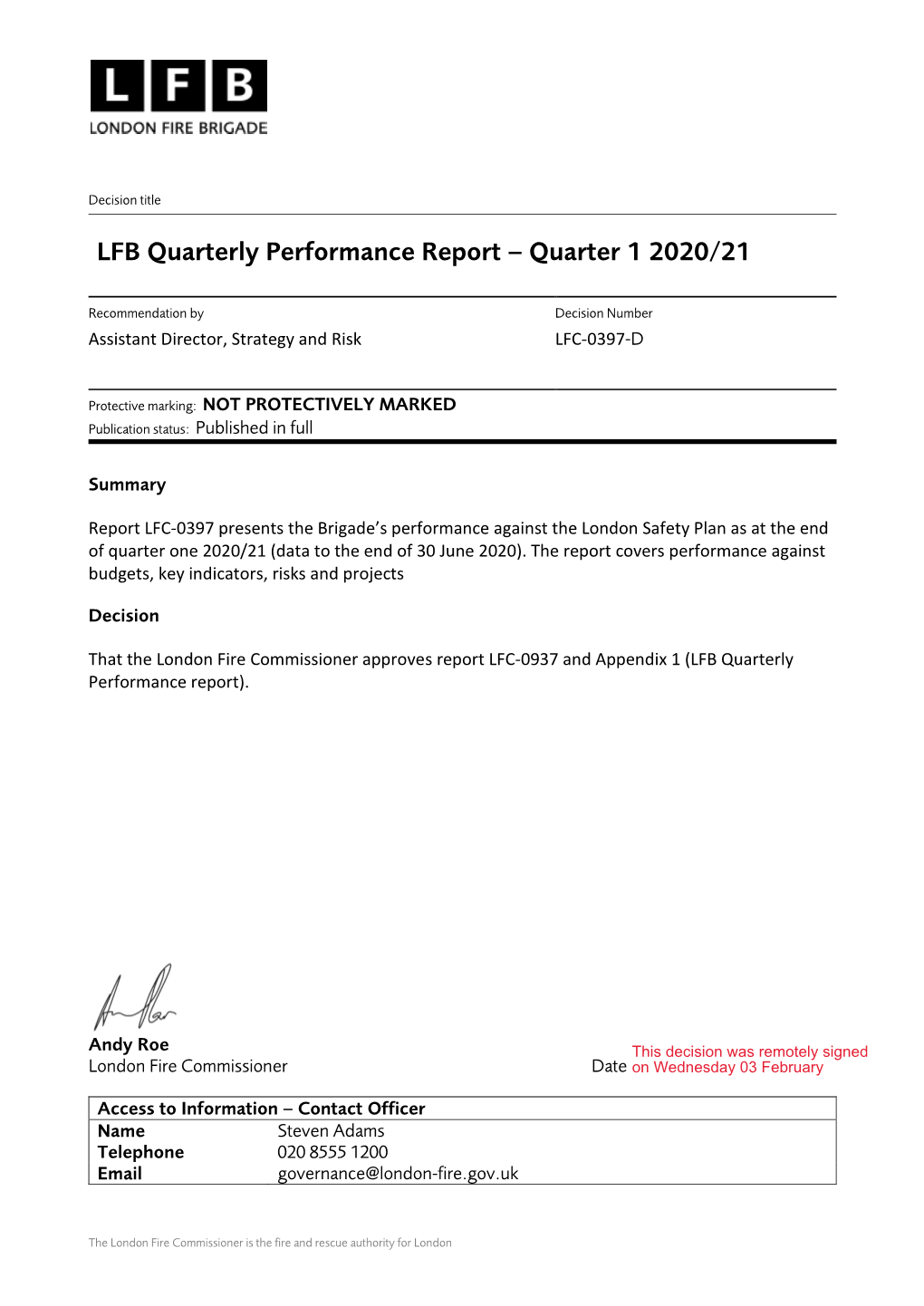 LFB Quarterly Performance Report – Quarter 1 2020/21