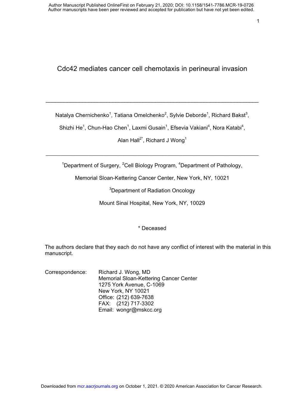 Cdc42 Mediates Cancer Cell Chemotaxis in Perineural Invasion