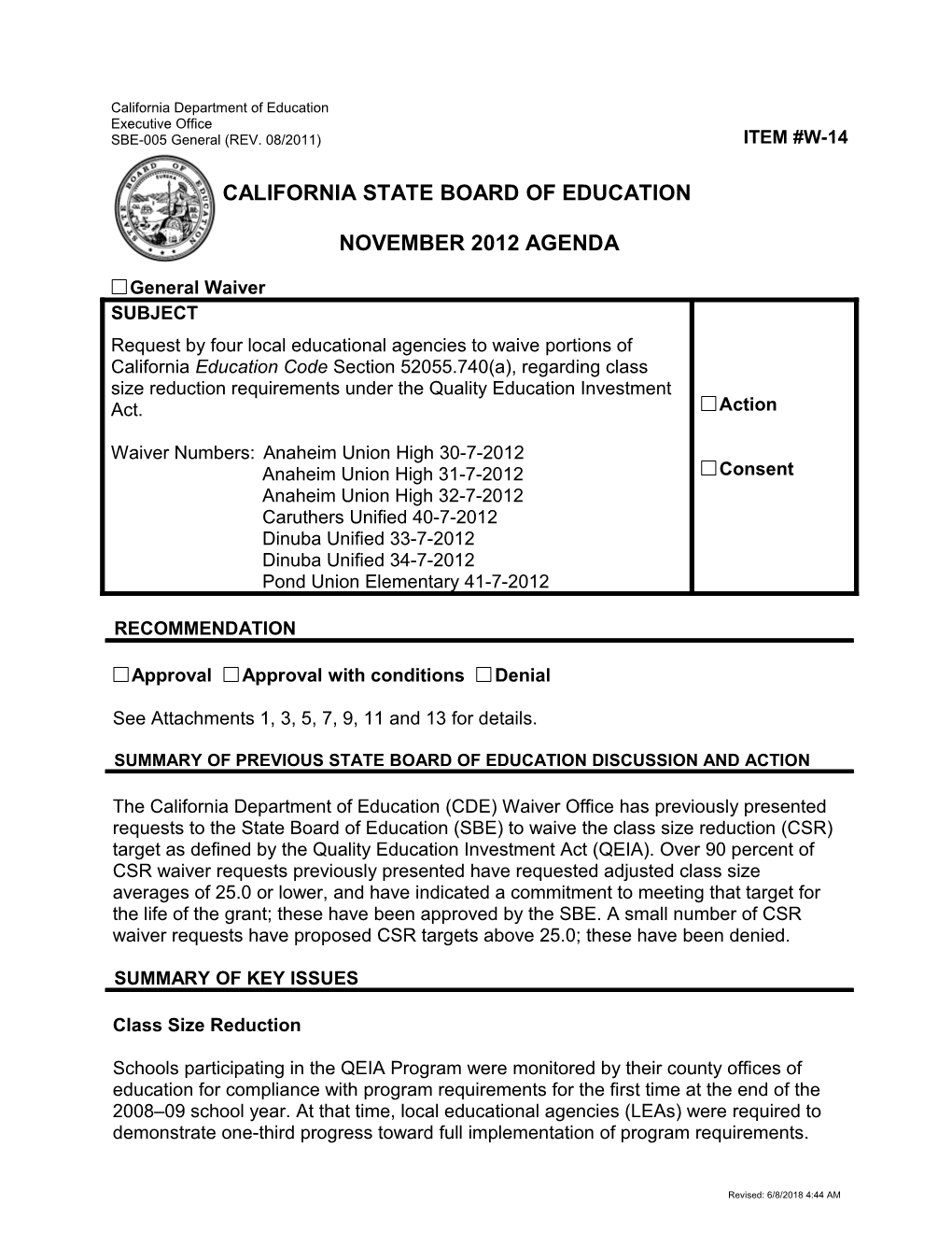 November 2012 Waiver Item W-14 - Meeting Agendas (CA State Board of Education)