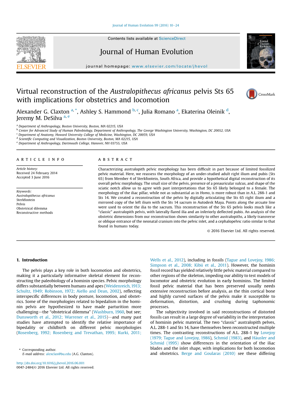 Virtual Reconstruction of the Australopithecus Africanus Pelvis Sts 65 with Implications for Obstetrics and Locomotion