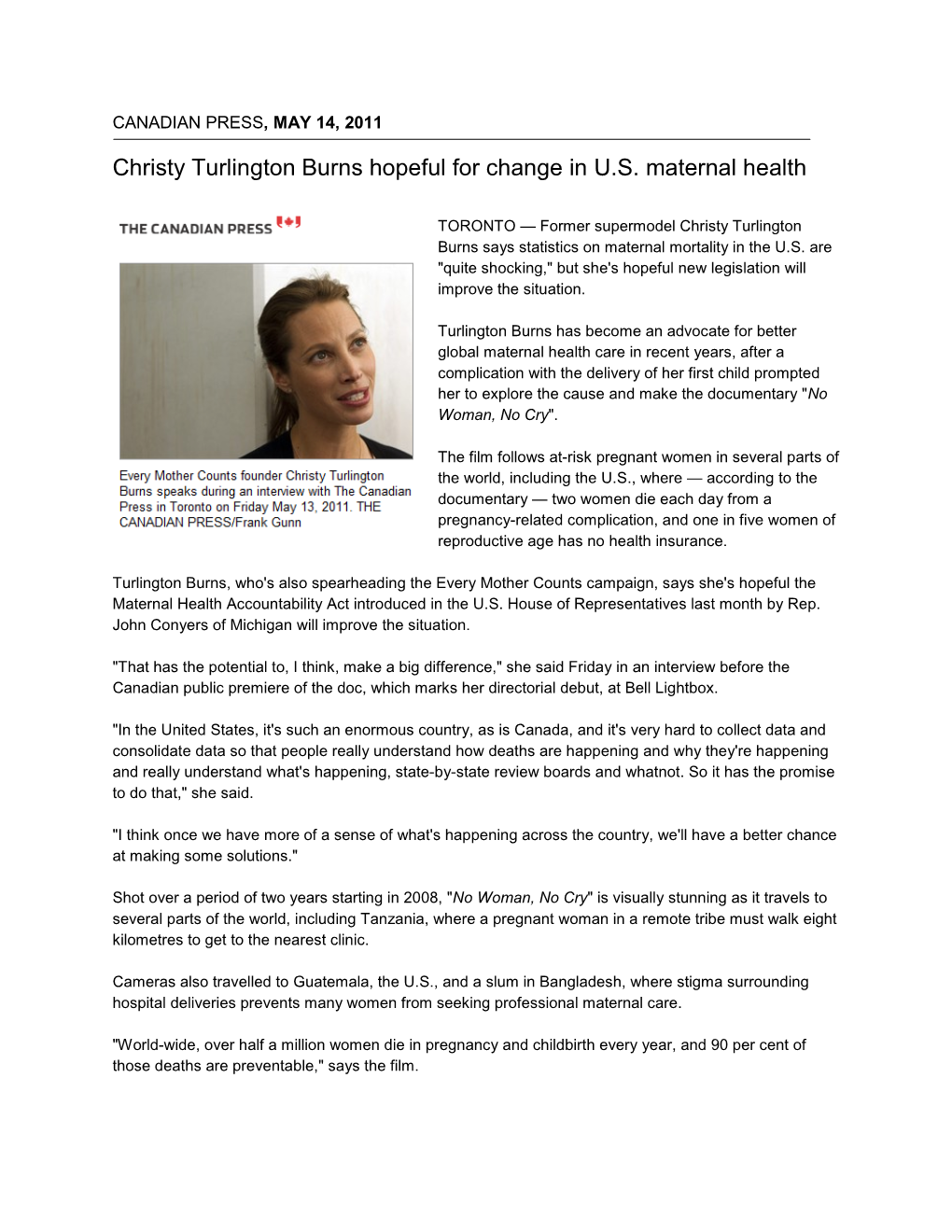 Christy Turlington Burns Hopeful for Change in U.S. Maternal Health