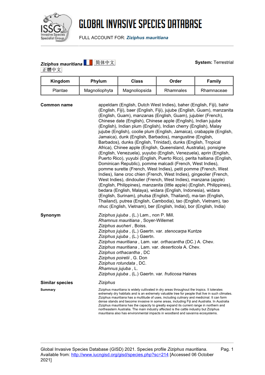 (GISD) 2021. Species Profile Ziziphus Mauritiana. Availab