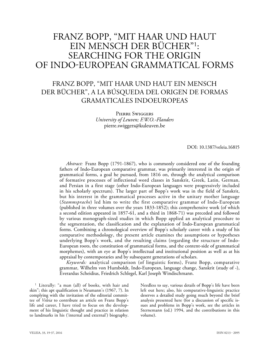 Franz Bopp, “Mit Haar Und Haut Ein Mensch Der Bücher”1: Searching for the Origin of Indo-European Grammatical Forms