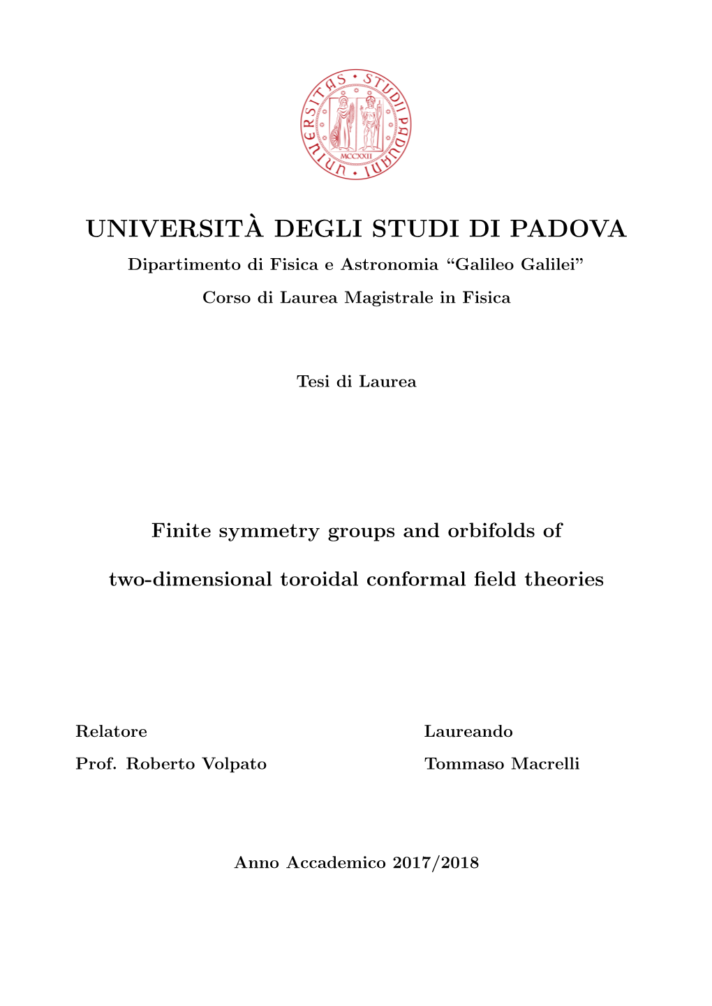 Universit`A Degli Studi Di Padova