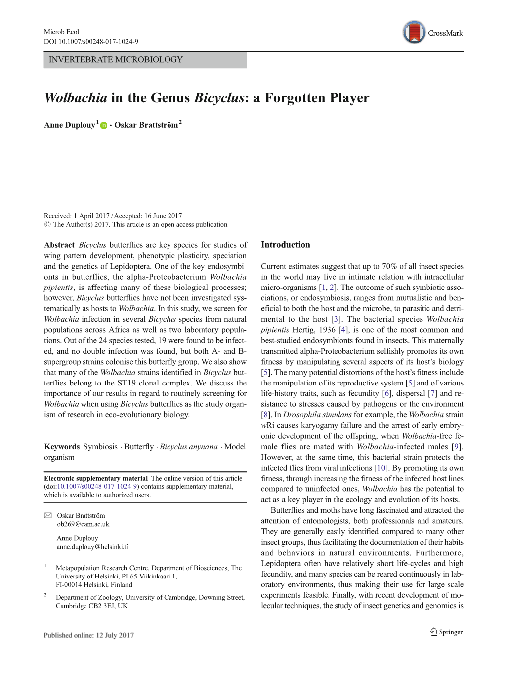 Wolbachia in the Genus Bicyclus: a Forgotten Player