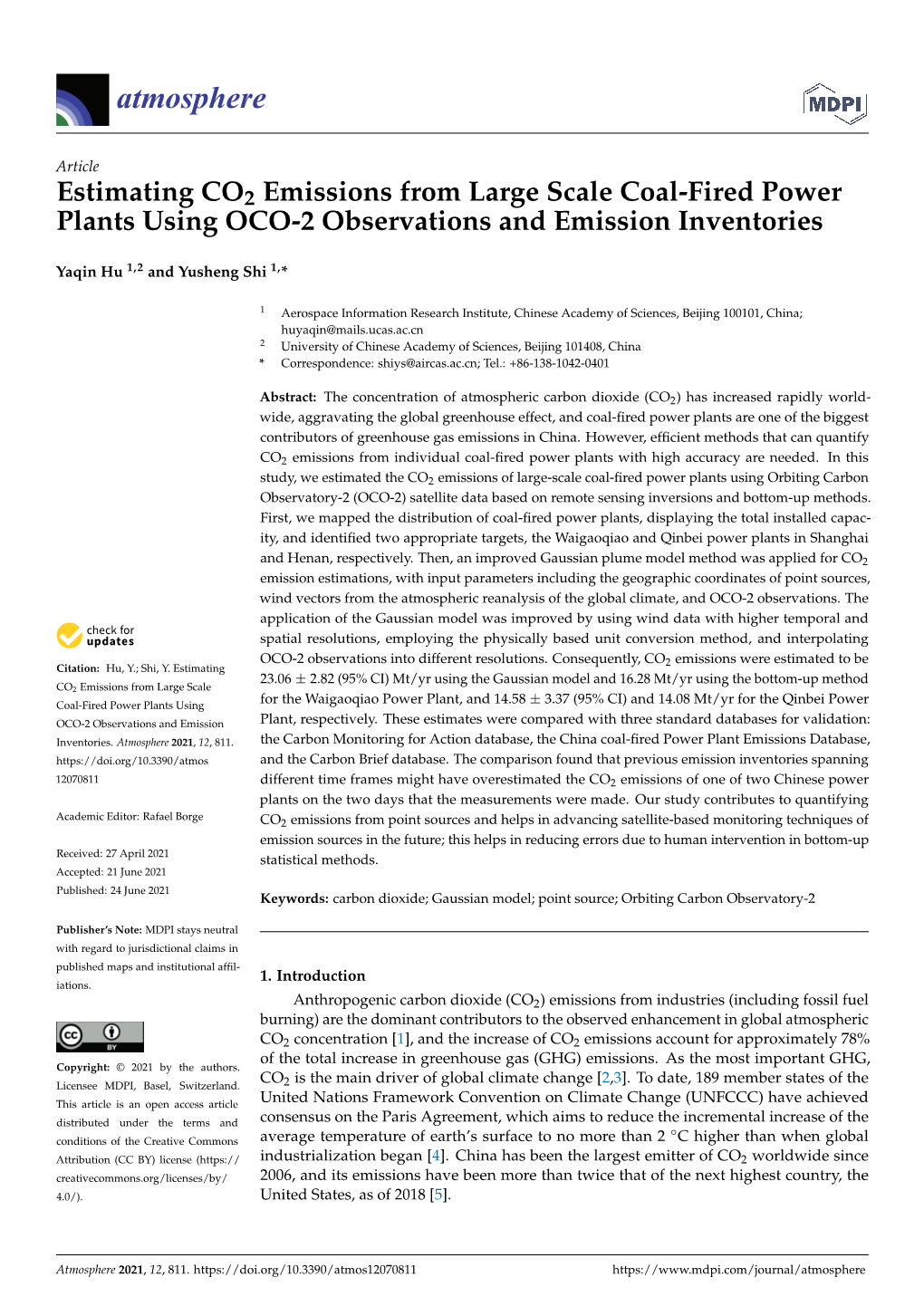 Estimating CO2 Emissions from Large Scale Coal-Fired Power Plants Using OCO-2 Observations and Emission Inventories