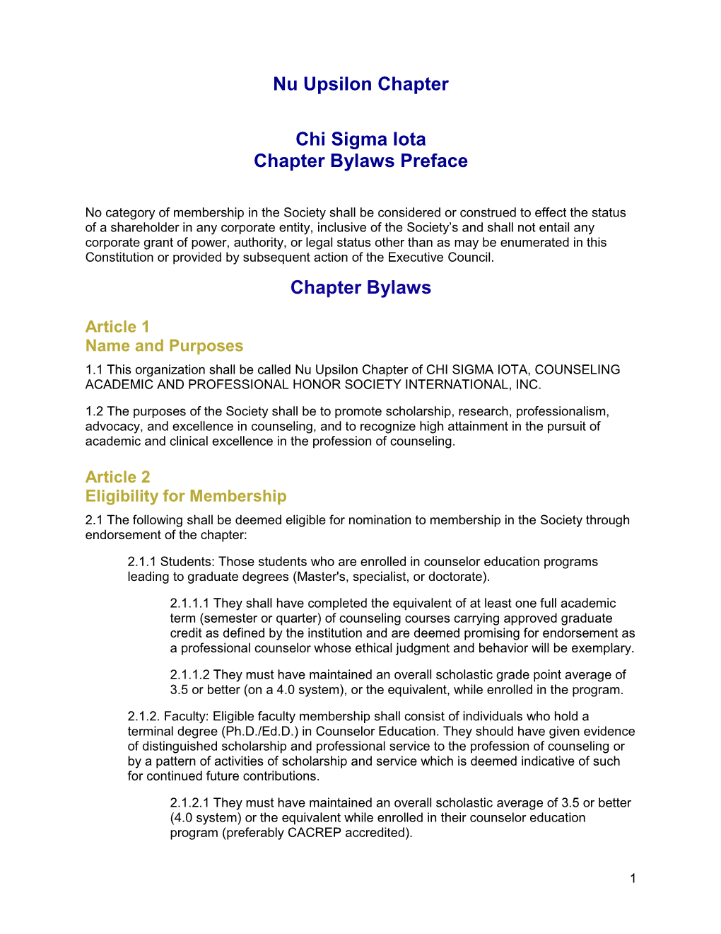 Nu Upsilon Chapter Chi Sigma Iota Chapter Bylaws Preface Chapter