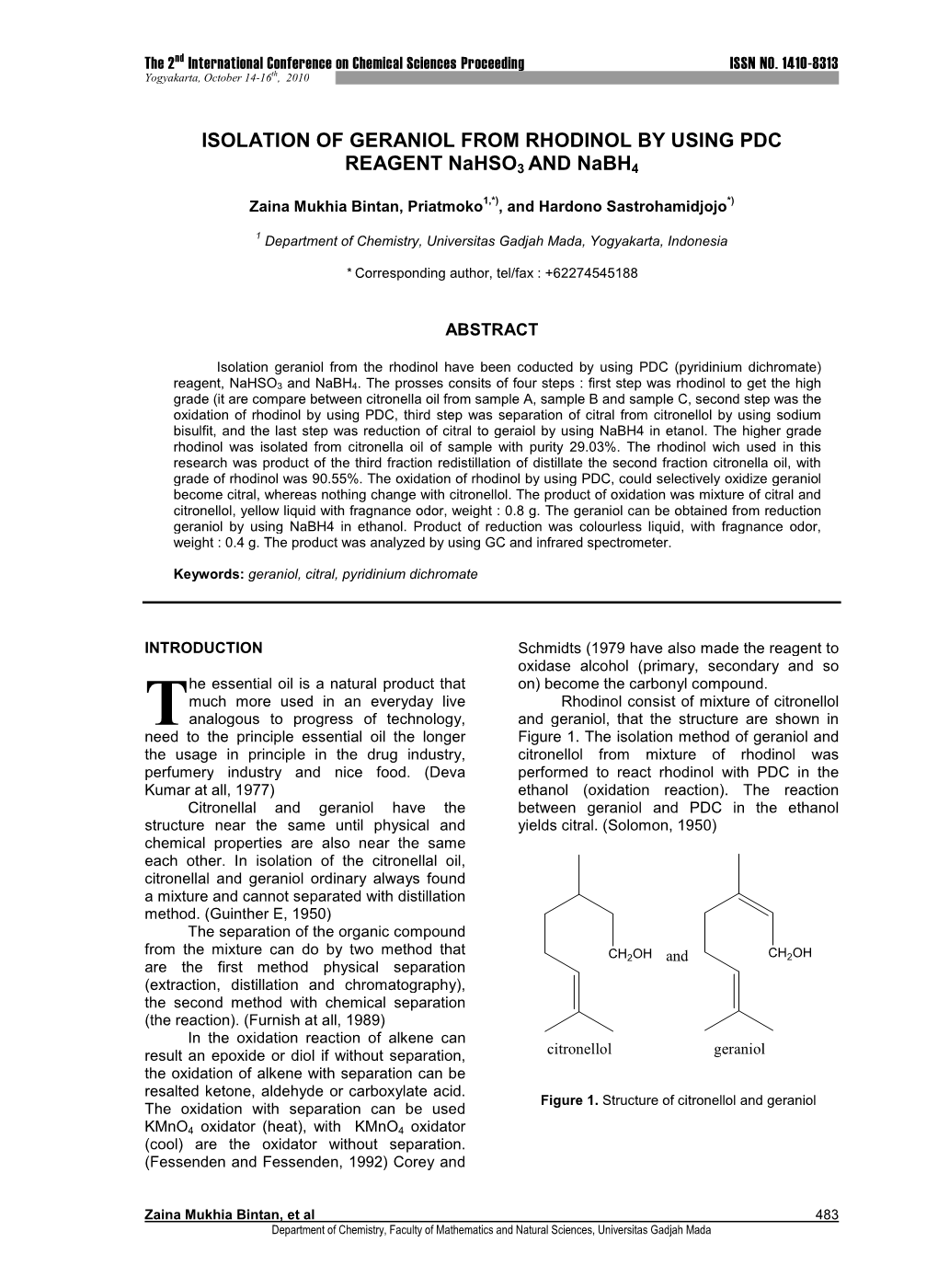 ISOLATION of GERANIOL from RHODINOL by USING PDC REAGENT Nahso3 and Nabh4