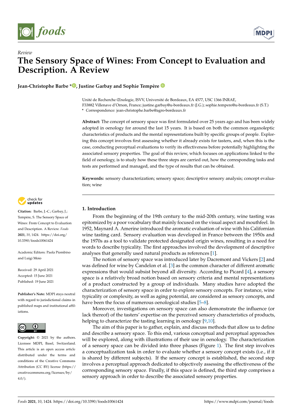 The Sensory Space of Wines: from Concept to Evaluation and Description