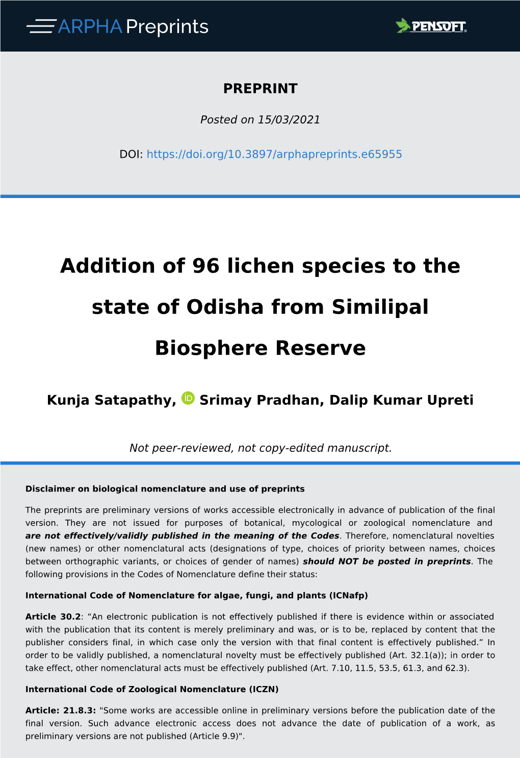 Addition of 96 Lichen Species to the State of Odisha from Similipal Biosphere Reserve