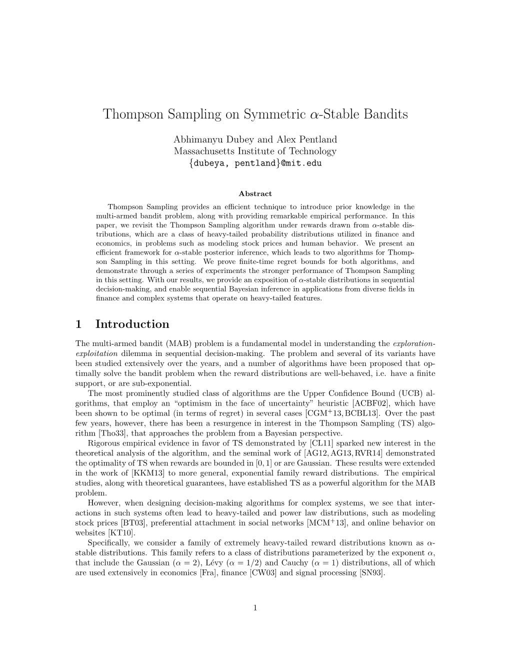 Thompson Sampling on Symmetric Α-Stable Bandits