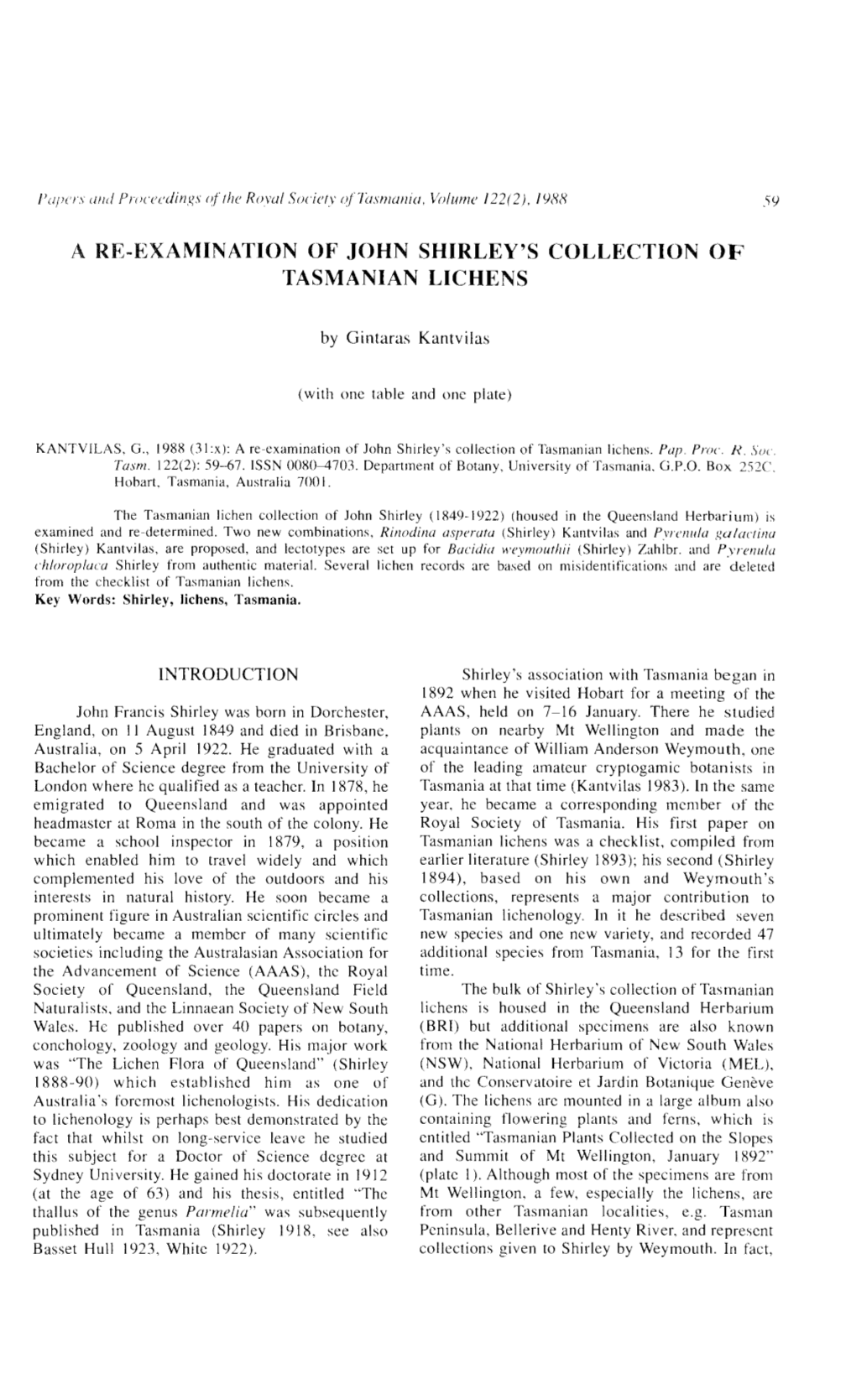 A Re·Examination of John Shirley's Collection of Tasmanian Lichens