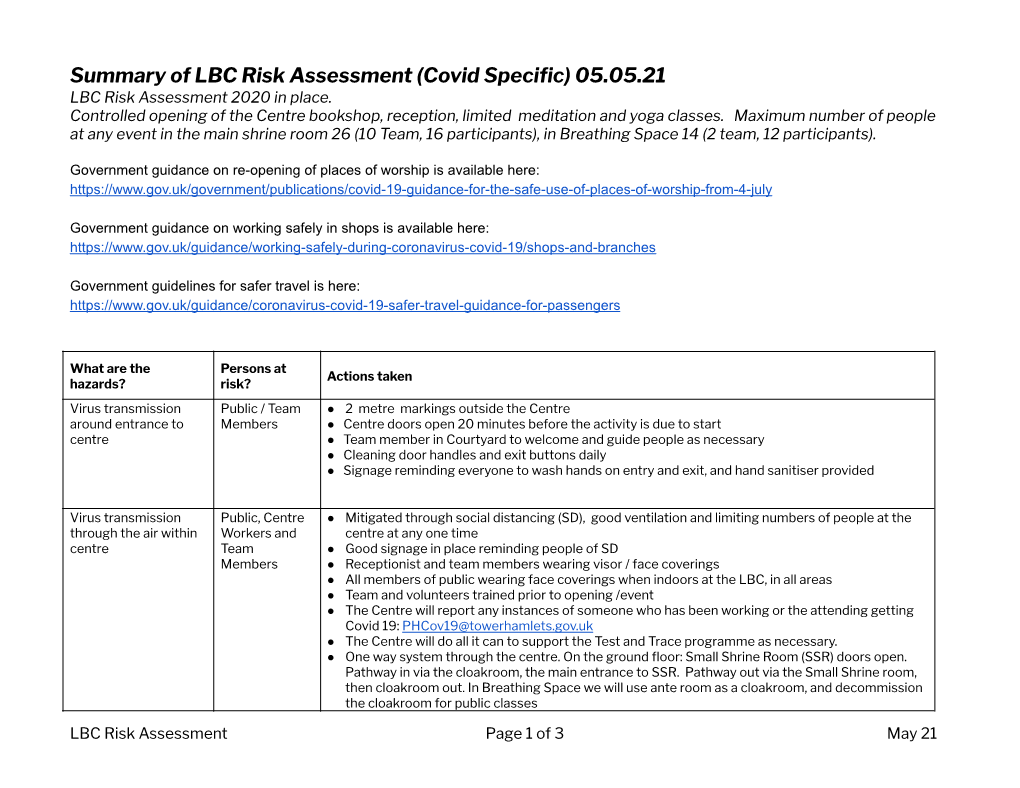 LBC Risk Assessment. Covid Specific. 06.8.20