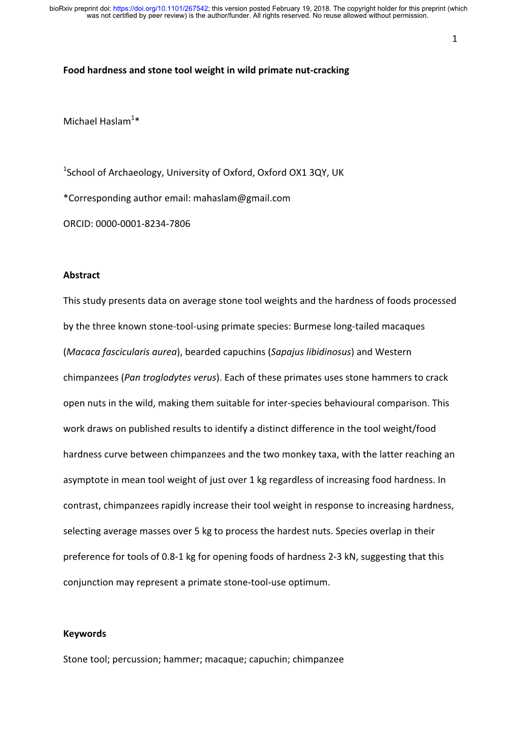 Food Hardness and Stone Tool Weight in Wild Primate Nut-Cracking