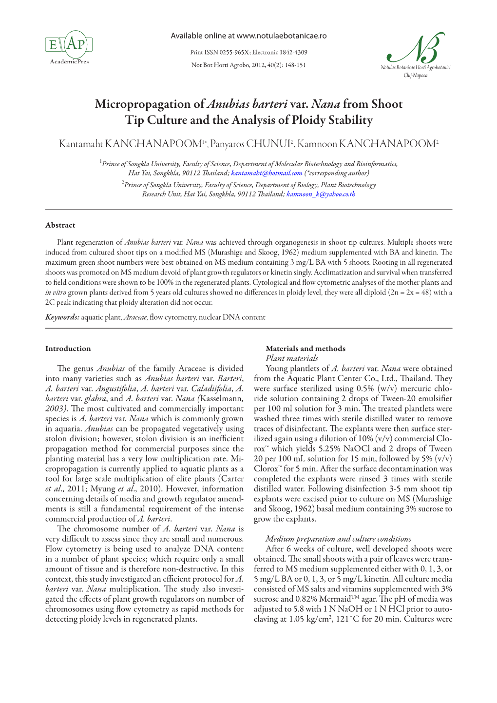 Micropropagation of Anubias Barteri Var. Nana from Shoot Tip Culture and the Analysis of Ploidy Stability