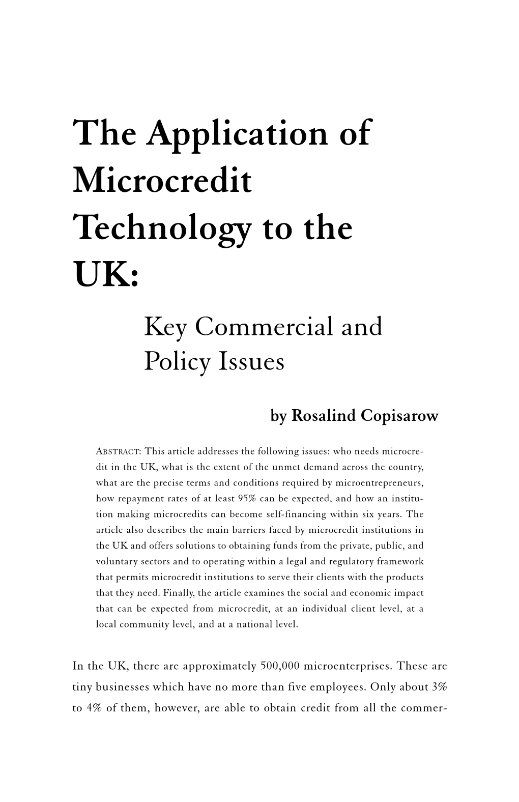 The Application of Microcredit Technology to the UK: Key Commercial and Policy Issues