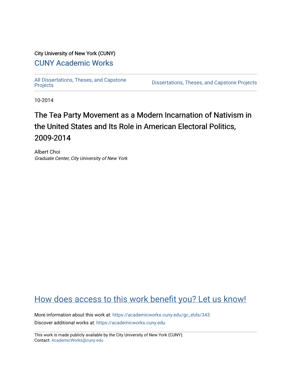 The Tea Party Movement As a Modern Incarnation of Nativism in the United States and Its Role in American Electoral Politics, 2009-2014