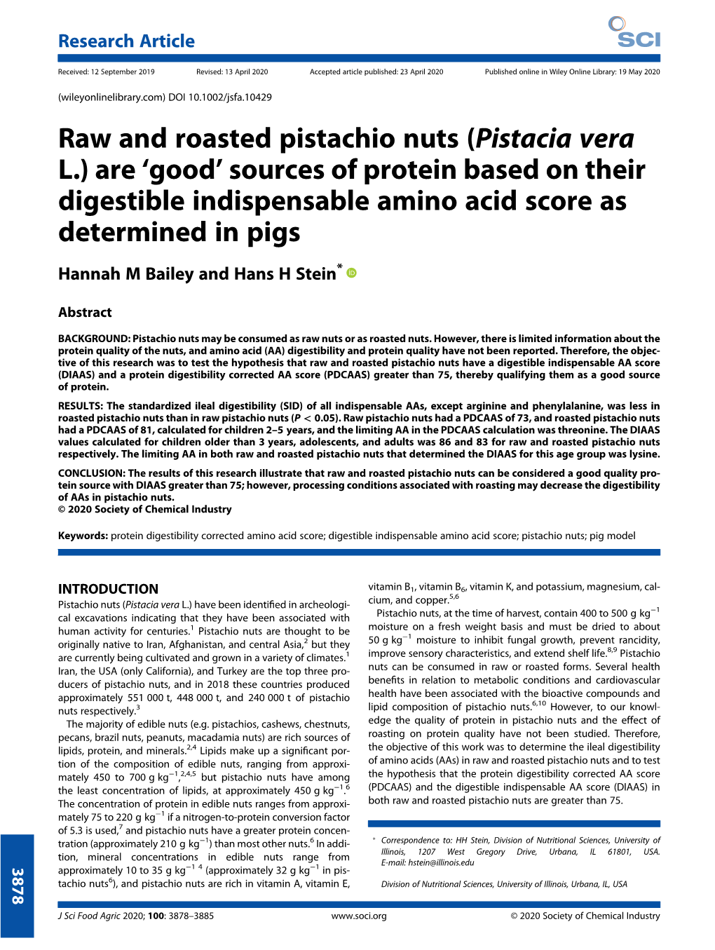 Raw and Roasted Pistachio Nuts (Pistacia Vera L.) Are ‘Good’ Sources of Protein Based on Their Digestible Indispensable Amino Acid Score As Determined in Pigs