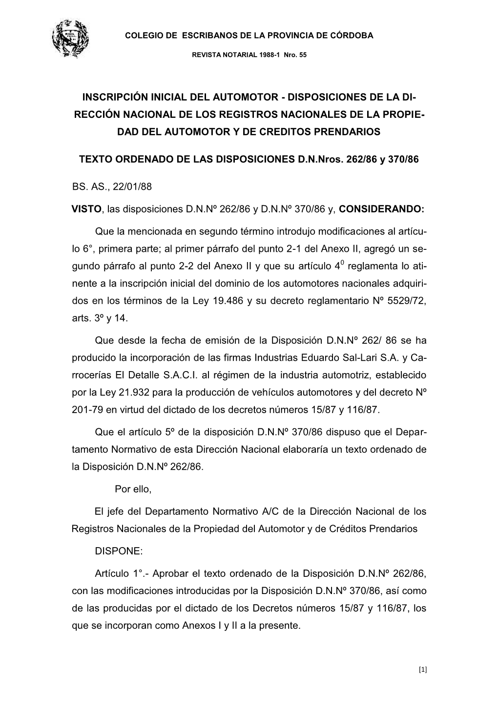 Inscripción Inicial Del Automotor - Disposiciones De La Di- Rección Nacional De Los Registros Nacionales De La Propie- Dad Del Automotor Y De Creditos Prendarios