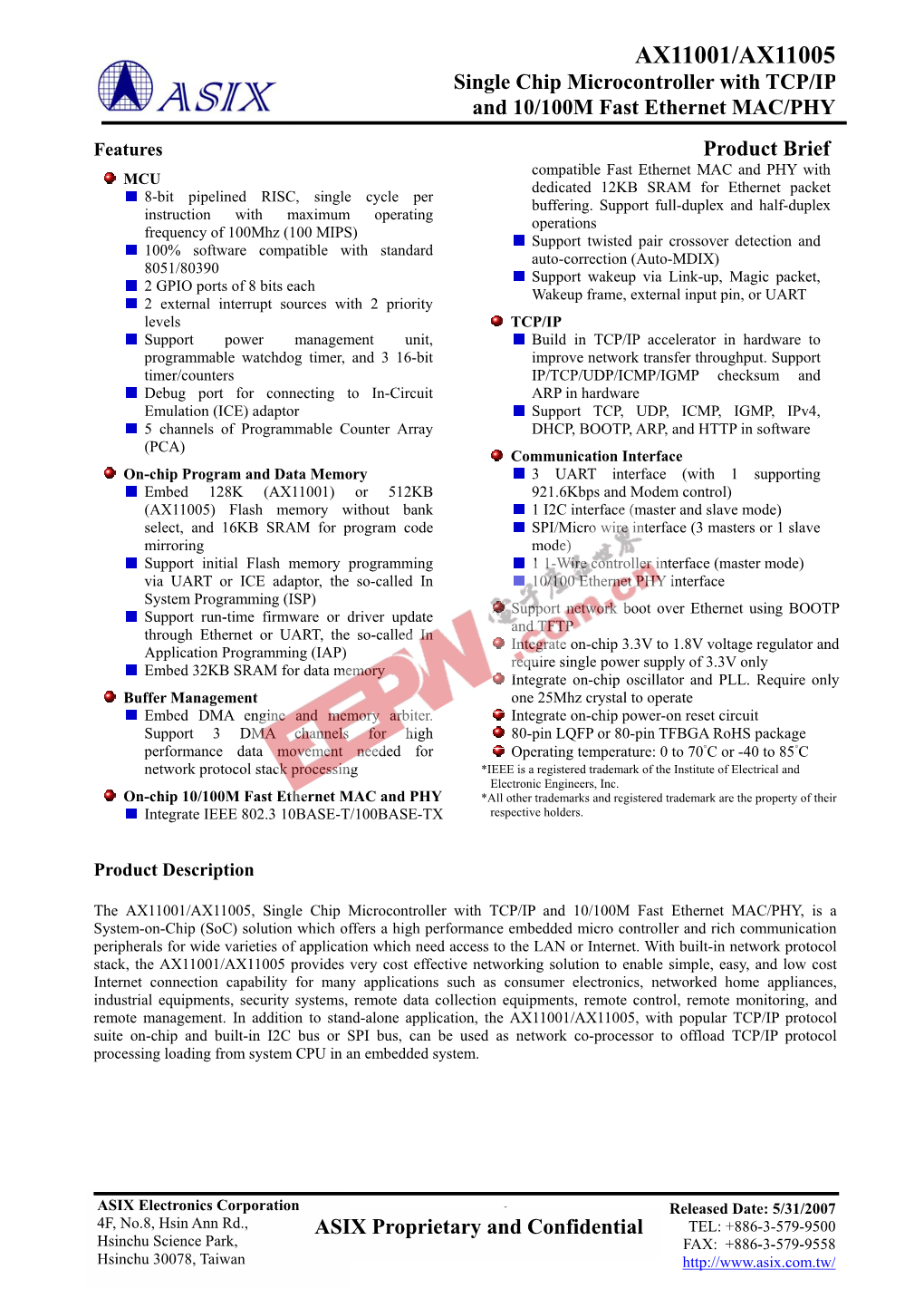 AX11001/AX11005 Single Chip Microcontroller with TCP/IP and 10/100M Fast Ethernet MAC/PHY