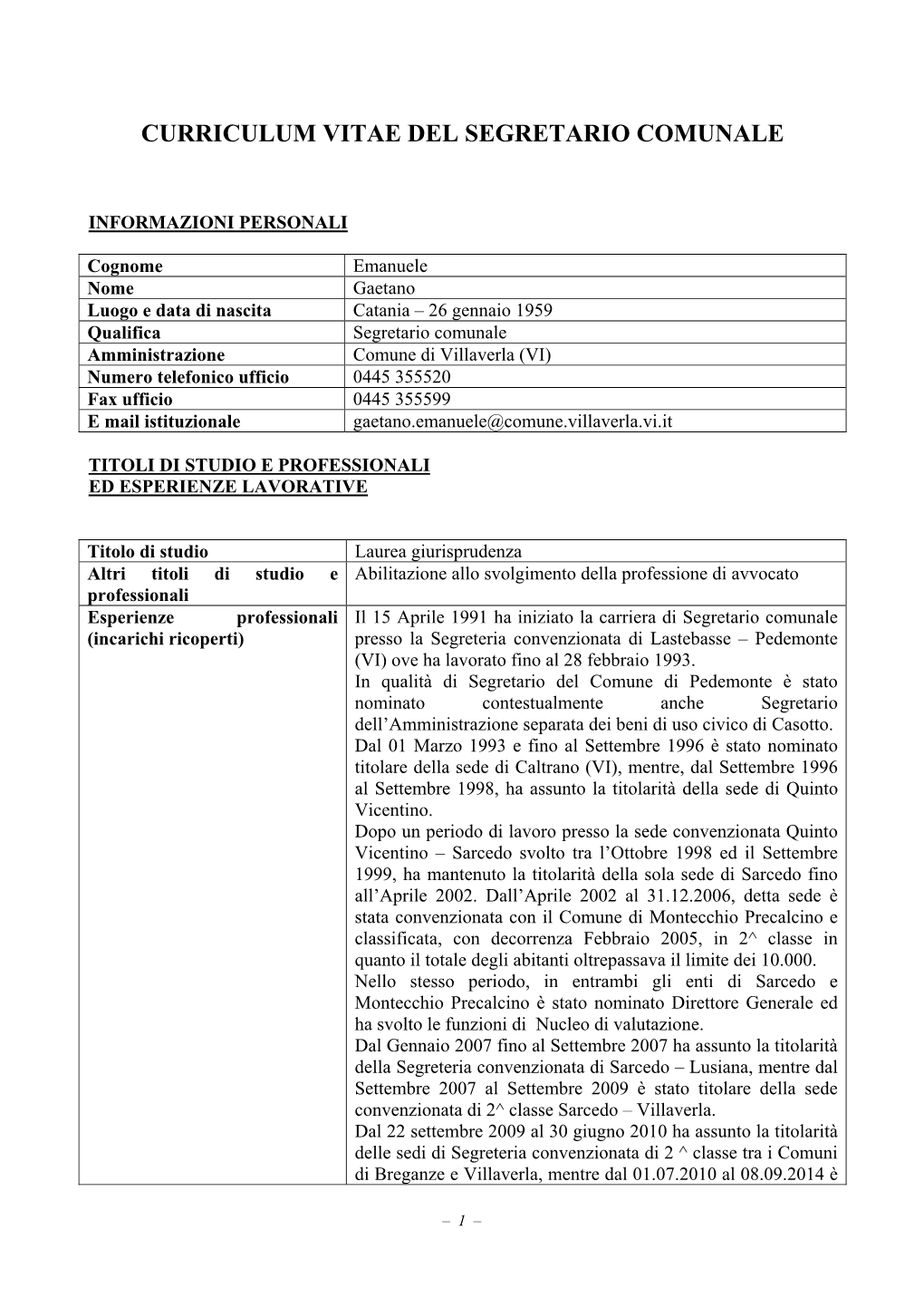 Curriculum Vitae Del Segretario Comunale