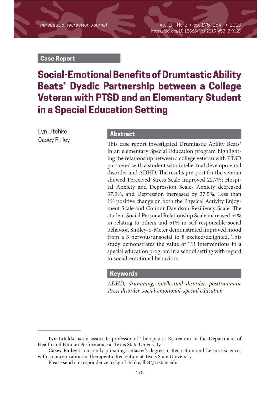 Social-Emotional Benefits of Drumtastic Ability Beats® Dyadic Partnership Between a College Veteran with PTSD and an Elementary Student in a Special Education Setting